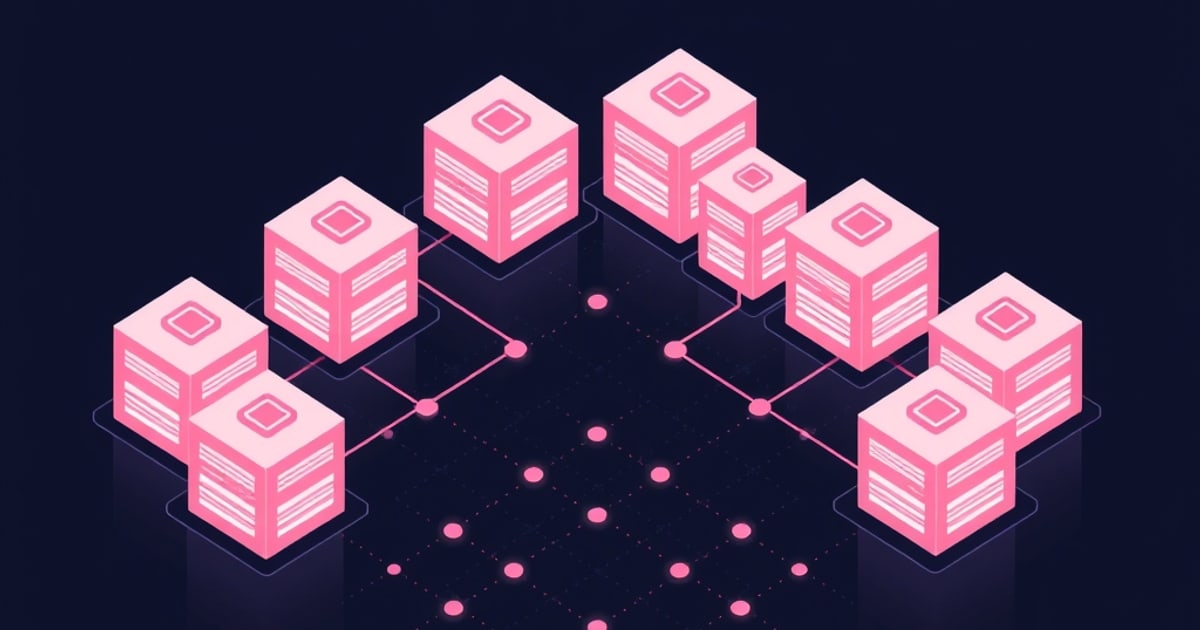Isometric storage blocks arranged in two mirrored clusters linked by faint traces, representing vdev layout choices in a ZFS pool