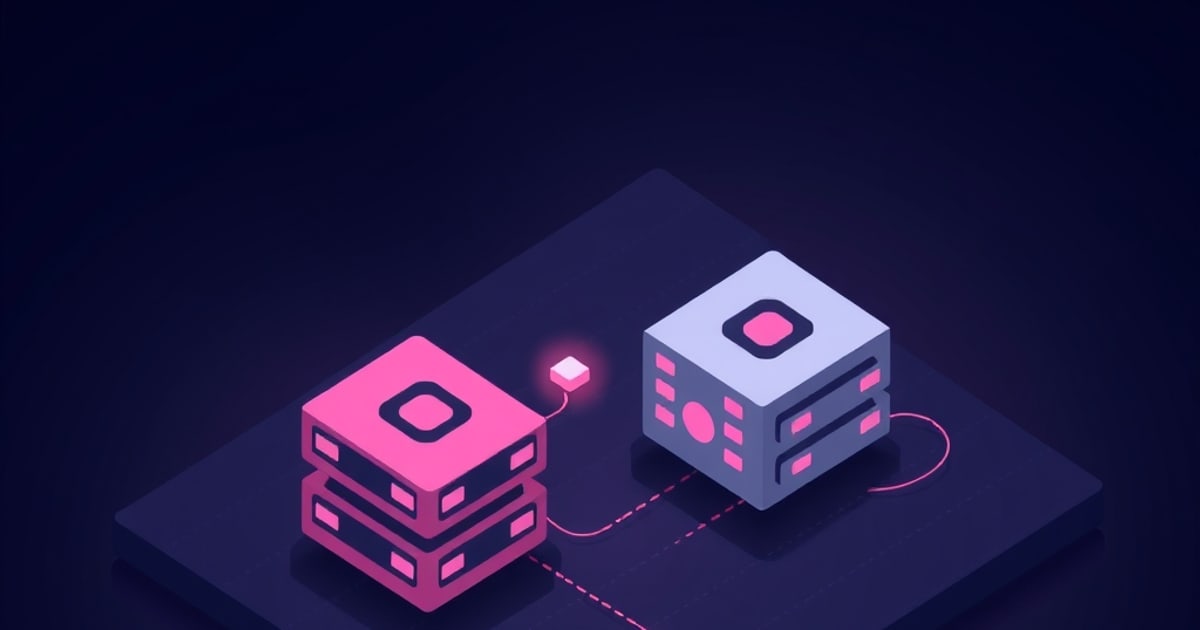 Flat isometric illustration of a pink two-tray storage stack cabled to a pale grey drive cube with pink slot lights, on a dark purple platform.