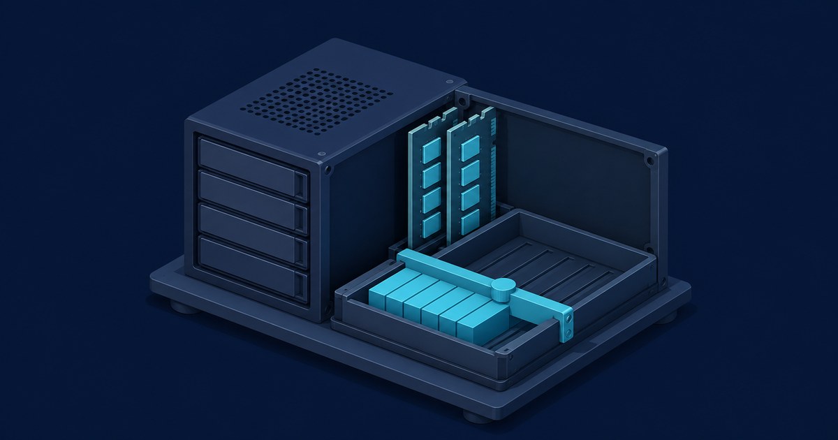 A stylized open server chassis with memory modules, drive bays, and cyan cache blocks, evoking controlled ZFS ARC memory tuning.