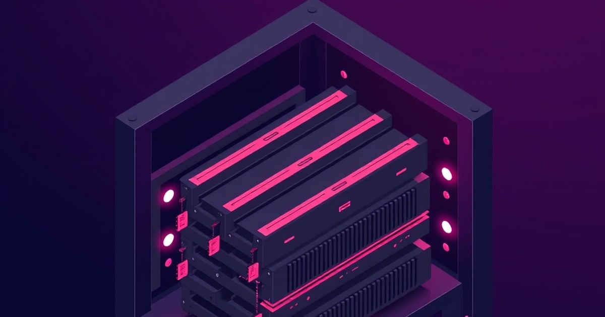 Flat isometric illustration of a dark drive rack with rows of pink-lit disk trays inside an open enclosure.