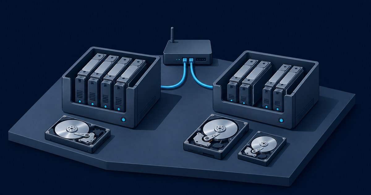 Two home NAS arrays, a wireless router, blue network cables, and three bare hard drives sit on a dark platform in a 3D render.