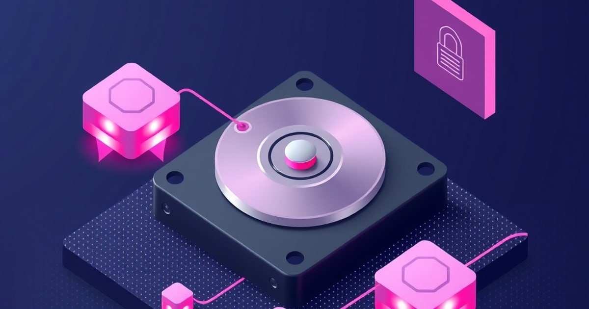 Flat isometric illustration of an open hard drive with a silver platter on a dark slab, cabled to glowing pink cube nodes and a padlock card.